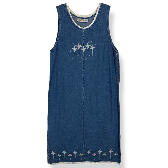 Vintage Denim Jumper Jean Maxi Dress Size XL‎ Crochet Windmill Embroidered 90s - Picture 2 of 14